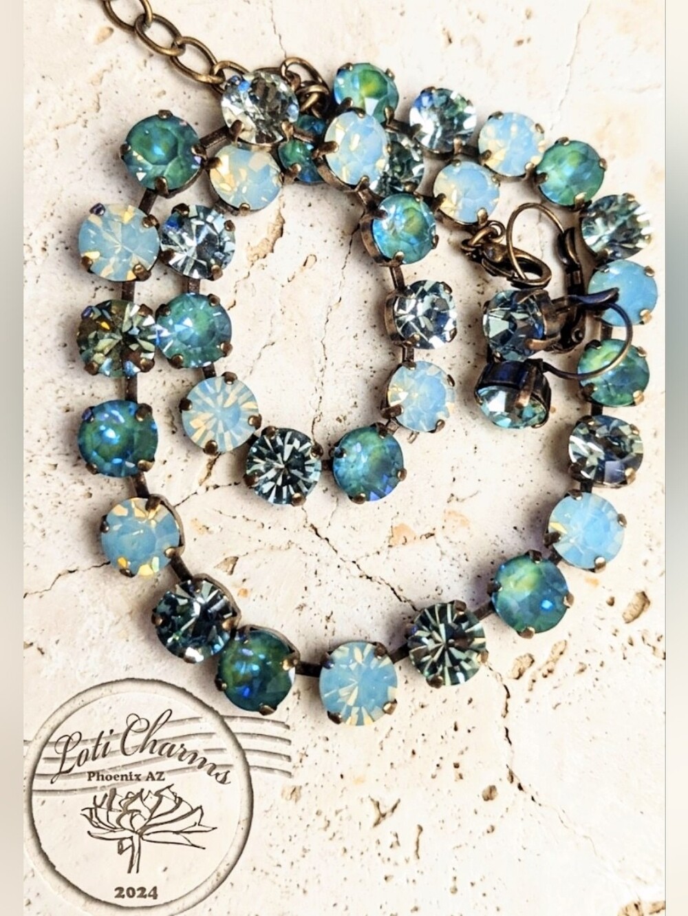 Green Mint Pacific Opal in Classic Tennis Necklace and Earrings in Brass